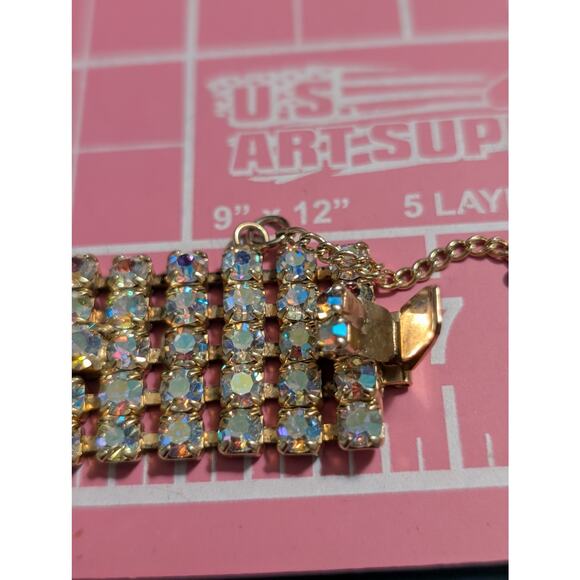 Vintage 1960s Unsigned Aurora Borealis Crystal Gold Tone Wide Bracelet W/ Safety - Picture 6 of 16